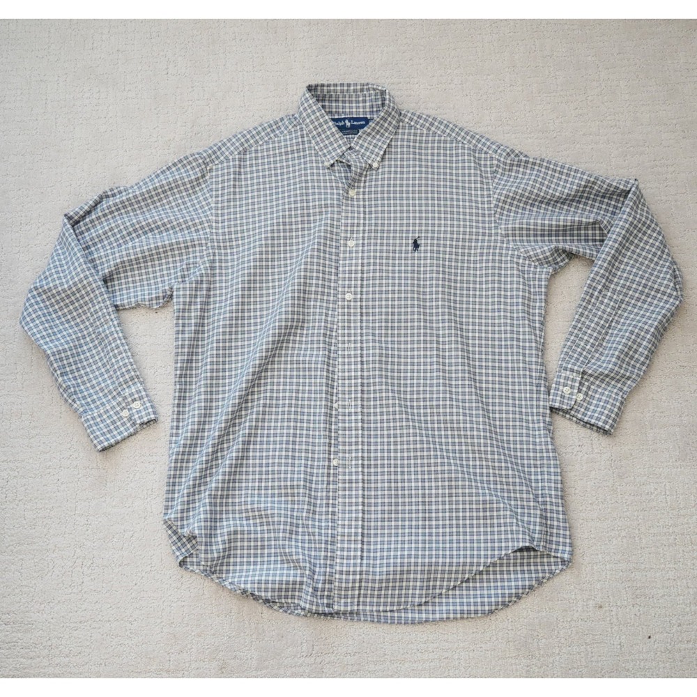 Vintage Polo Ralph Lauren Yarmouth Men 16  Blue White Plaid Cotton Button Down
